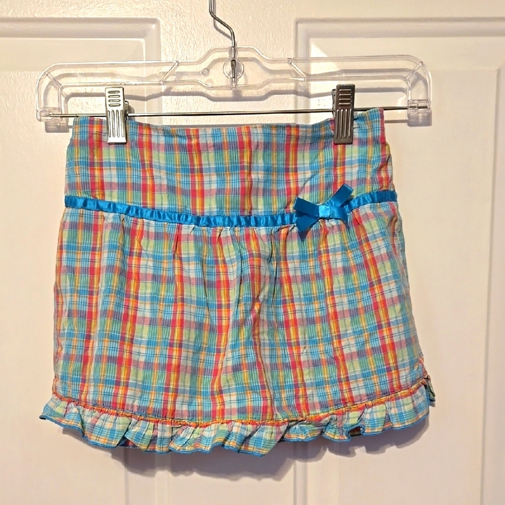 Girl Connection Mini Skirt, Childs Sz 7, Turquoise, Pink Plaid, Satin Trim, Bow,